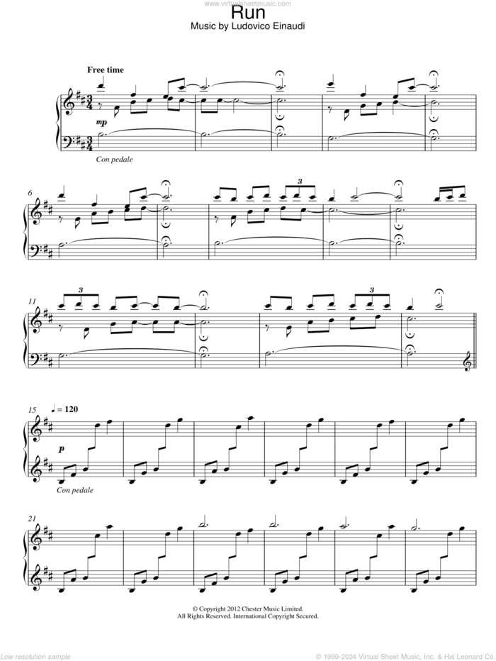 Run sheet music for piano solo by Ludovico Einaudi, classical score, intermediate skill level