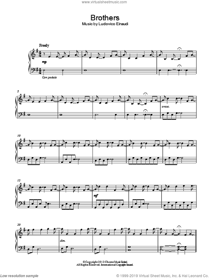Brothers sheet music for piano solo by Ludovico Einaudi, classical score, intermediate skill level