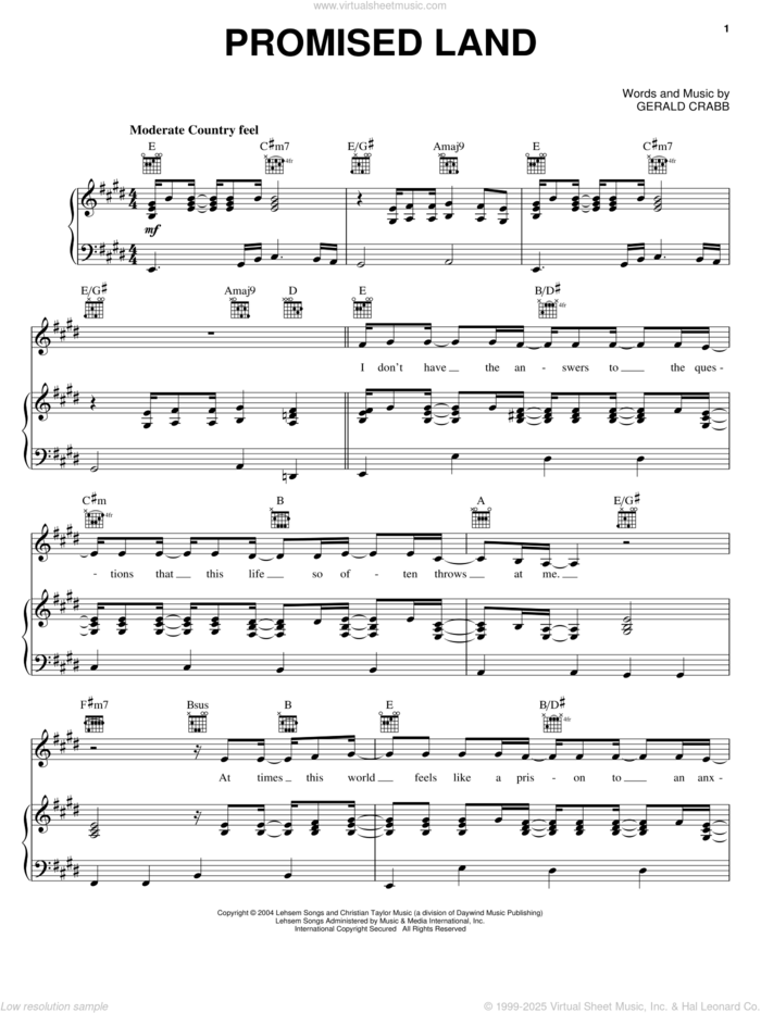 Promised Land sheet music for voice, piano or guitar by The Crabb Family and Gerald Crabb, intermediate skill level