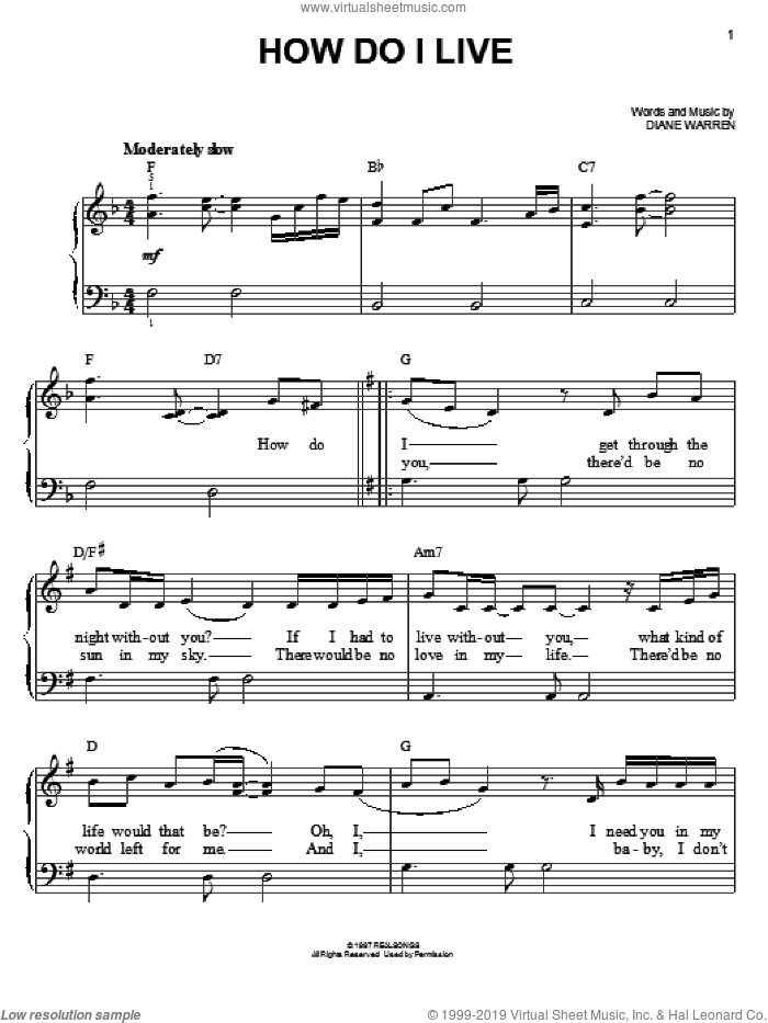 How Do I Live sheet music for piano solo by LeAnn Rimes, Diane Warren and Trisha Yearwood, easy skill level