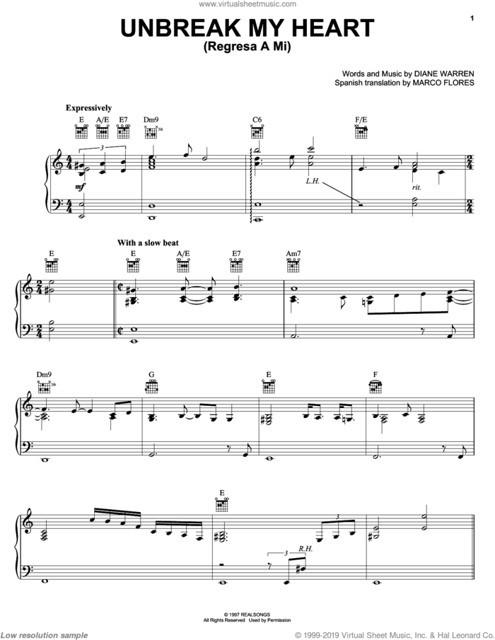Un-break My Heart sheet music for voice, piano or guitar by Diane Warren and Il Divo, intermediate skill level