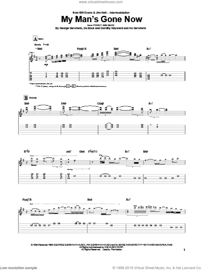 My Man's Gone Now sheet music for guitar (tablature) by Jim Hall, Dorothy Heyward, DuBose Heyward, George Gershwin and Ira Gershwin, intermediate skill level