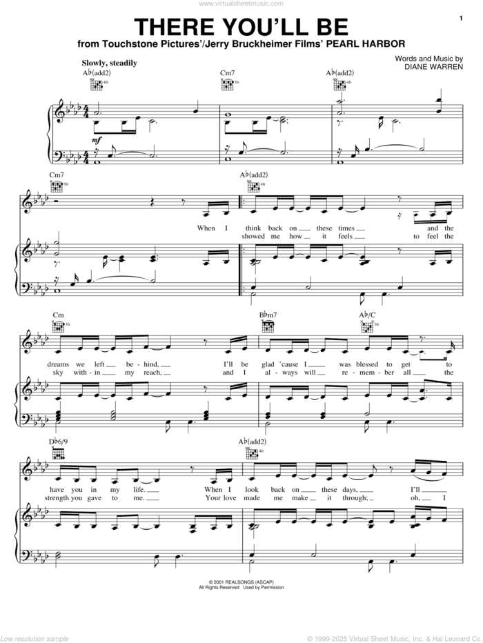 There You'll Be (from Pearl Harbor) sheet music for voice, piano or guitar by Faith Hill, Diane Warren and Hans Zimmer, intermediate skill level