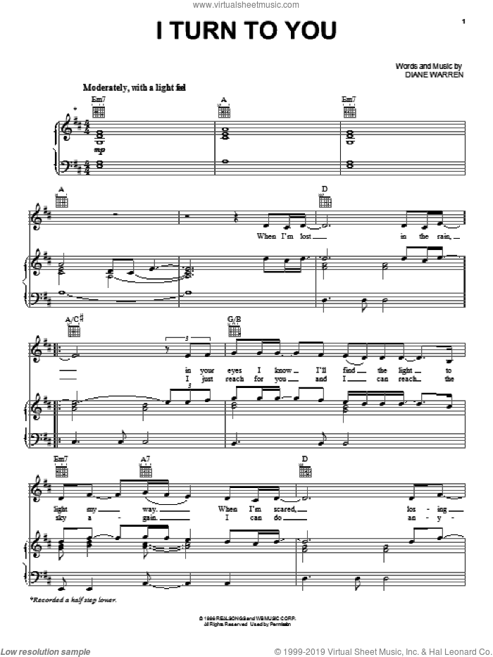 I Turn To You sheet music for voice, piano or guitar by Christina Aguilera and Diane Warren, intermediate skill level