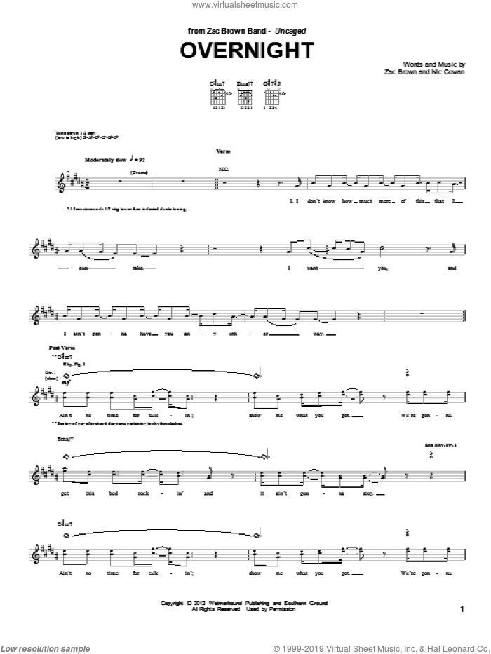 Overnight sheet music for guitar (tablature) by Zac Brown Band, Nic Cowan and Zac Brown, intermediate skill level