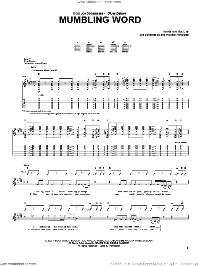 Mumbling Word sheet music for guitar (tablature) by Joe Bonamassa and Michael Himelstein, intermediate skill level