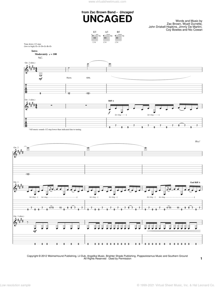Uncaged sheet music for guitar (tablature) by Zac Brown Band and Zac Brown, intermediate skill level