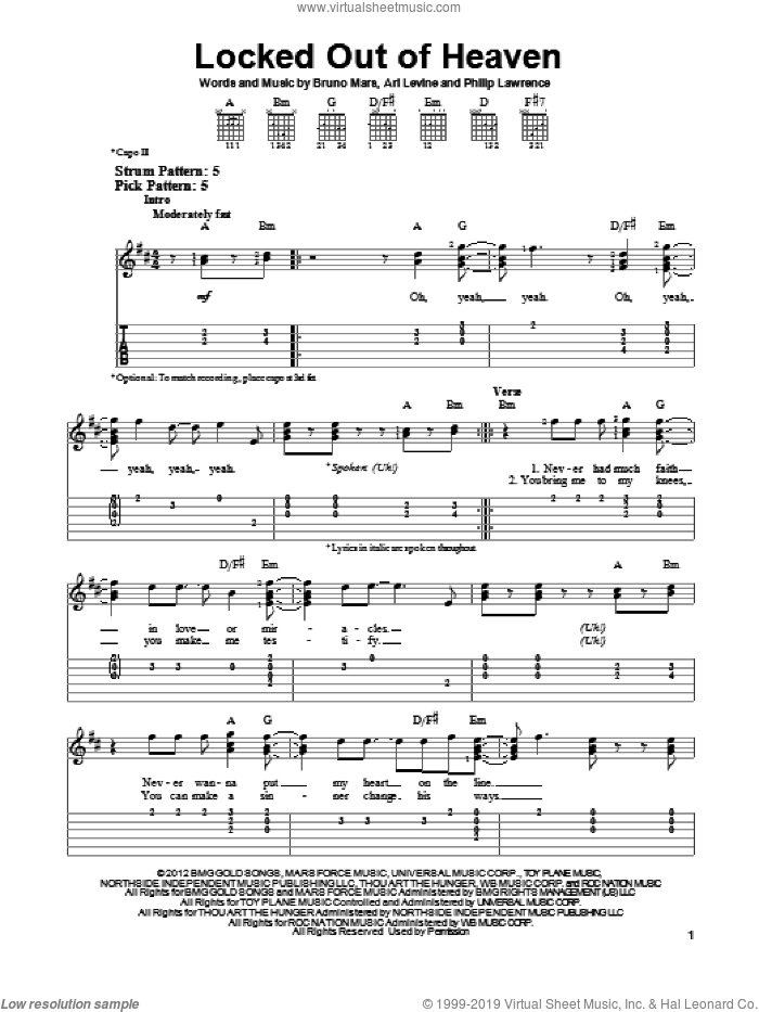 Locked Out Of Heaven sheet music for guitar solo (easy tablature) by Bruno Mars, Ari Levine and Philip Lawrence, easy guitar (easy tablature)