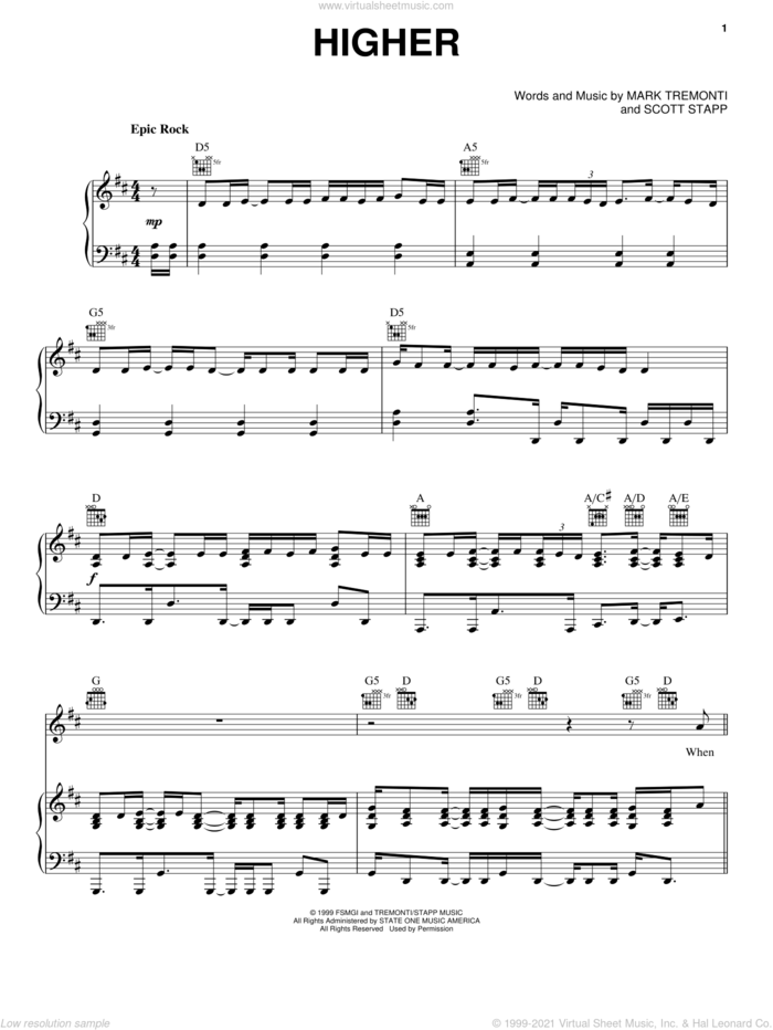 Higher sheet music for voice, piano or guitar by Creed, Mark Tremonti and Scott Stapp, intermediate skill level