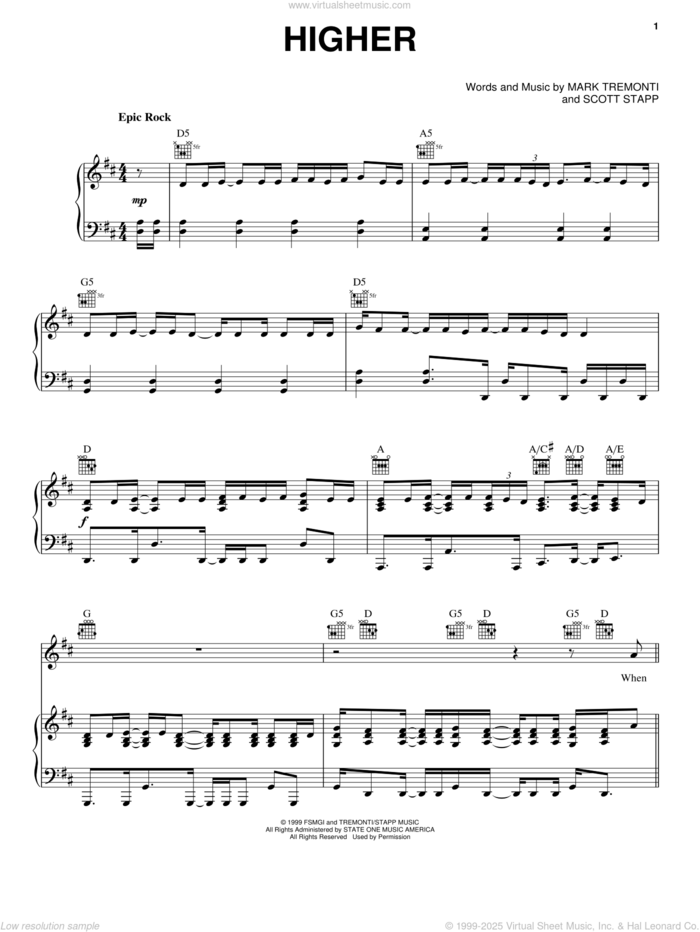 Higher sheet music for voice, piano or guitar by Creed, Mark Tremonti and Scott Stapp, intermediate skill level