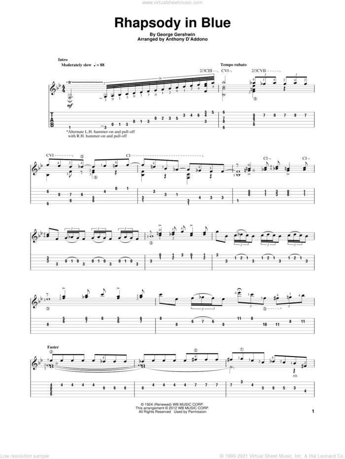 Rhapsody In Blue sheet music for guitar solo by George Gershwin, intermediate skill level