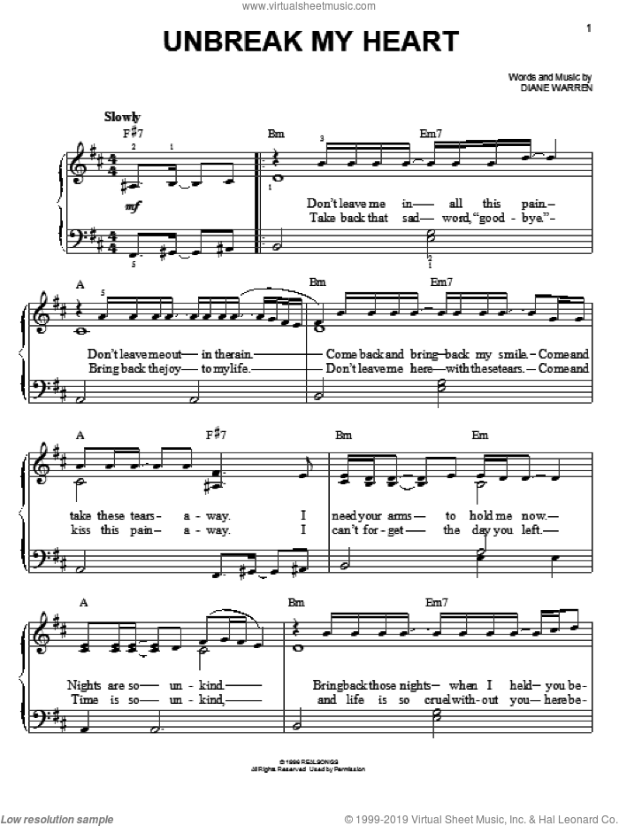 Un-break My Heart sheet music for piano solo by Toni Braxton and Diane Warren, easy skill level