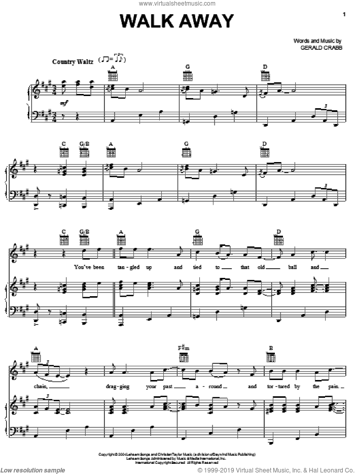 Walk Away sheet music for voice, piano or guitar by The Crabb Family and Gerald Crabb, intermediate skill level