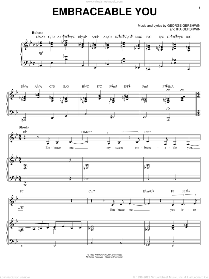 Embraceable You sheet music for voice and piano by Ella Fitzgerald, George Gershwin and Ira Gershwin, wedding score, intermediate skill level