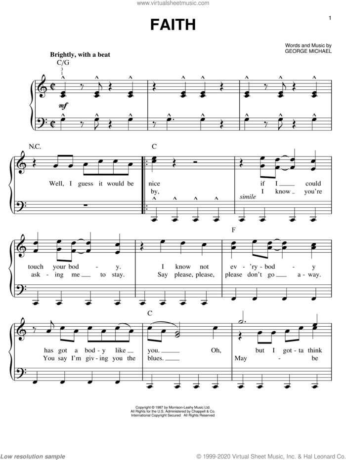 Faith sheet music for piano solo by George Michael and Limp Bizkit, easy skill level