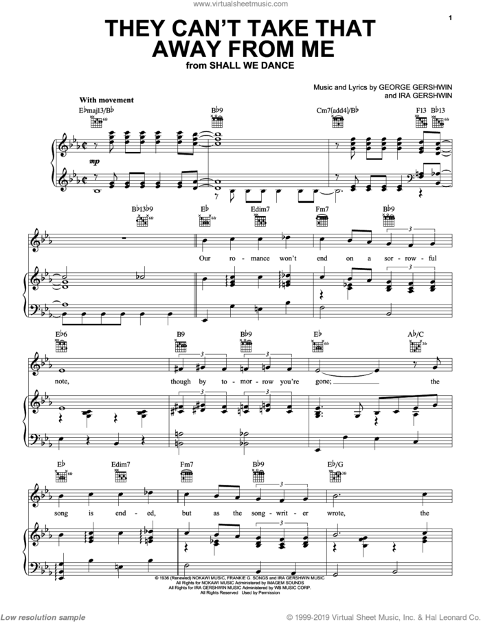 They Can't Take That Away From Me sheet music for voice, piano or guitar by Frank Sinatra, George Gershwin and Ira Gershwin, intermediate skill level