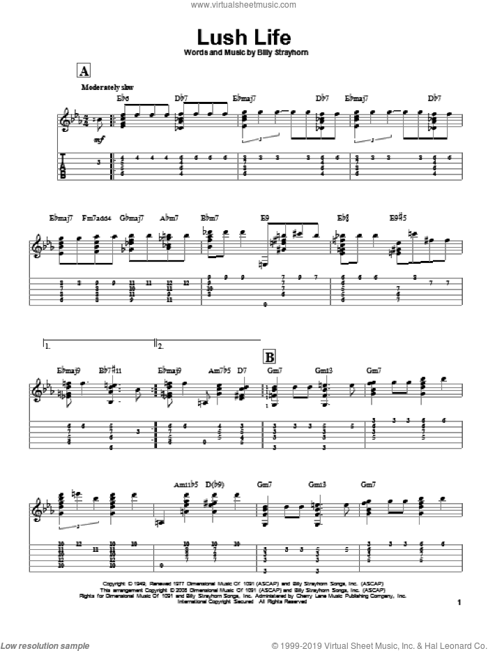 Lush Life sheet music for guitar solo by Billy Strayhorn and Jeff Arnold, intermediate skill level