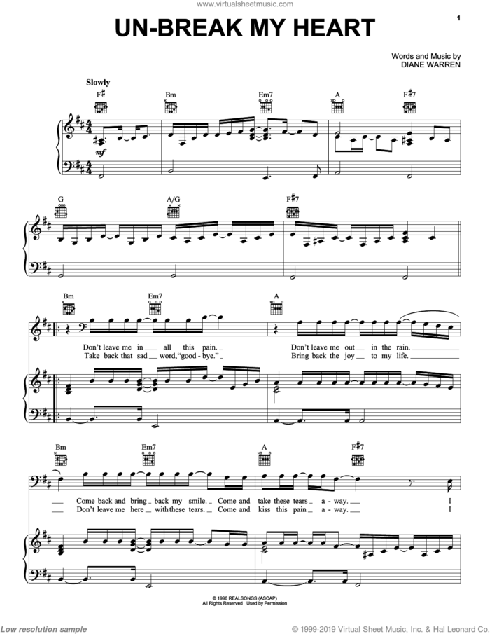 Un-break My Heart sheet music for voice, piano or guitar by Toni Braxton and Diane Warren, intermediate skill level