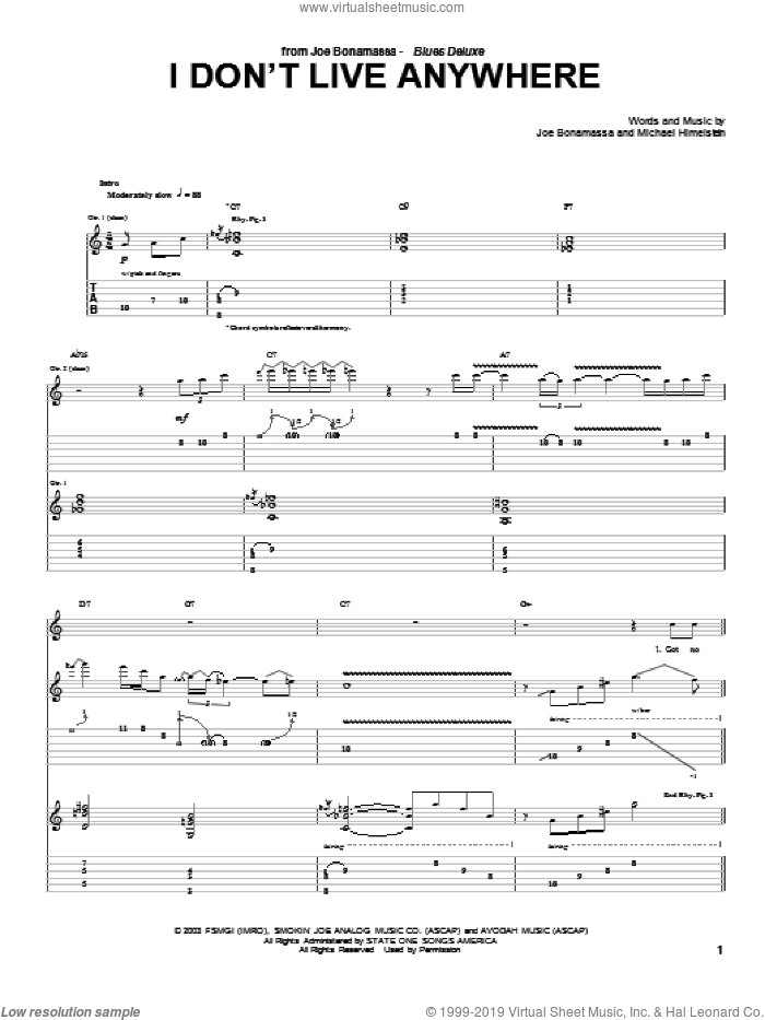 I Don't Live Anywhere sheet music for guitar (tablature) by Joe Bonamassa and Michael Himelstein, intermediate skill level