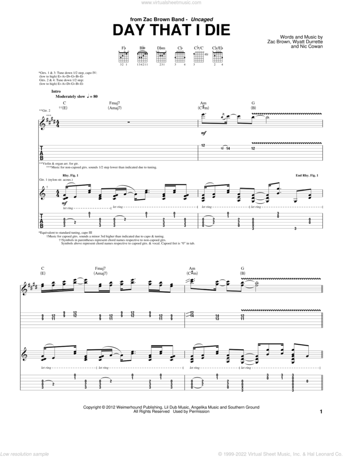 Day That I Die sheet music for guitar (tablature) by Zac Brown Band, intermediate skill level
