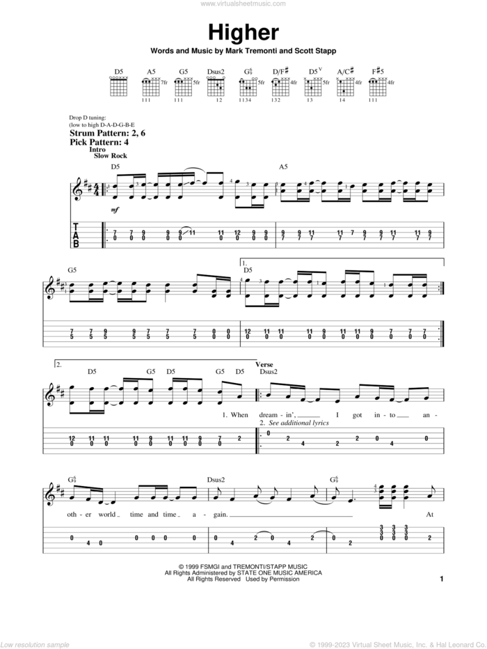 Higher sheet music for guitar solo (easy tablature) by Creed, Mark Tremonti and Scott Stapp, easy guitar (easy tablature)