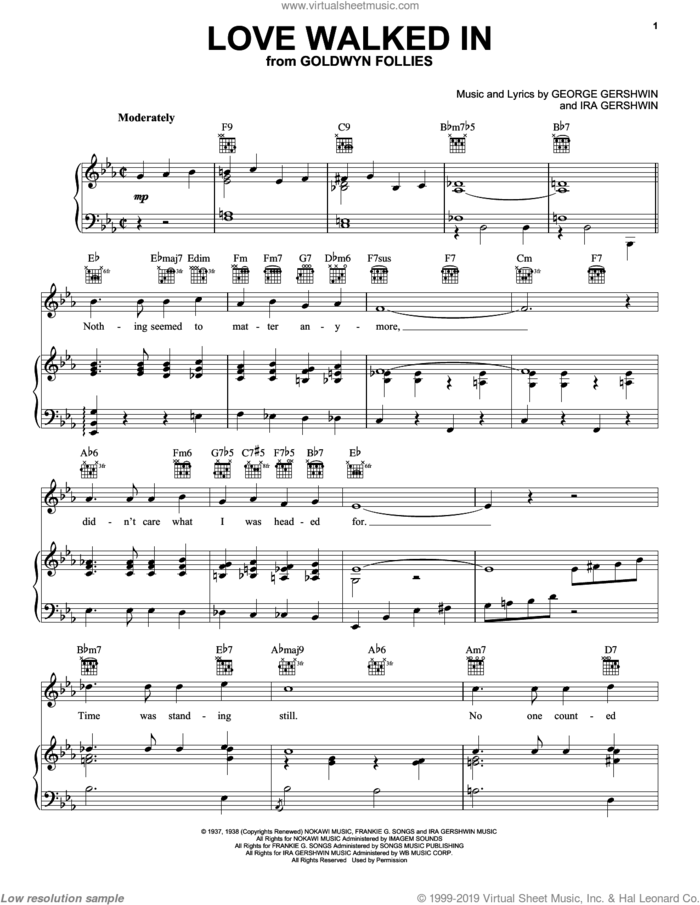 Love Walked In sheet music for voice, piano or guitar by George Gershwin and Ira Gershwin, intermediate skill level