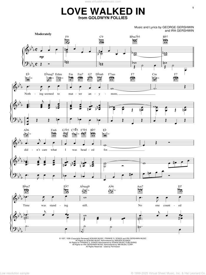 Love Walked In sheet music for voice, piano or guitar by George Gershwin and Ira Gershwin, intermediate skill level