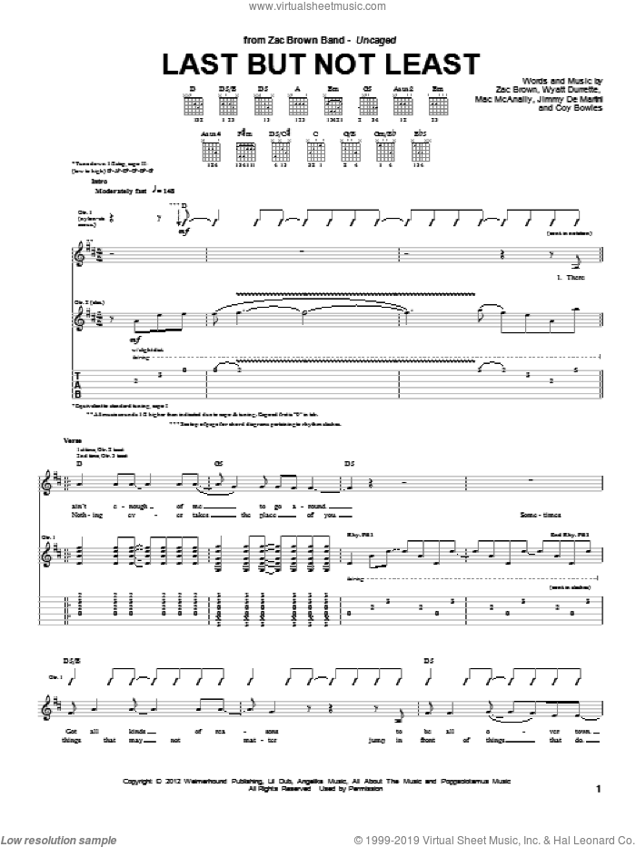 Last But Not Least sheet music for guitar (tablature) by Zac Brown Band and Zac Brown, intermediate skill level