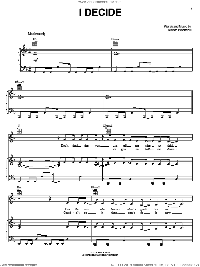 I Decide sheet music for voice, piano or guitar by Lindsay Lohan and Diane Warren, intermediate skill level