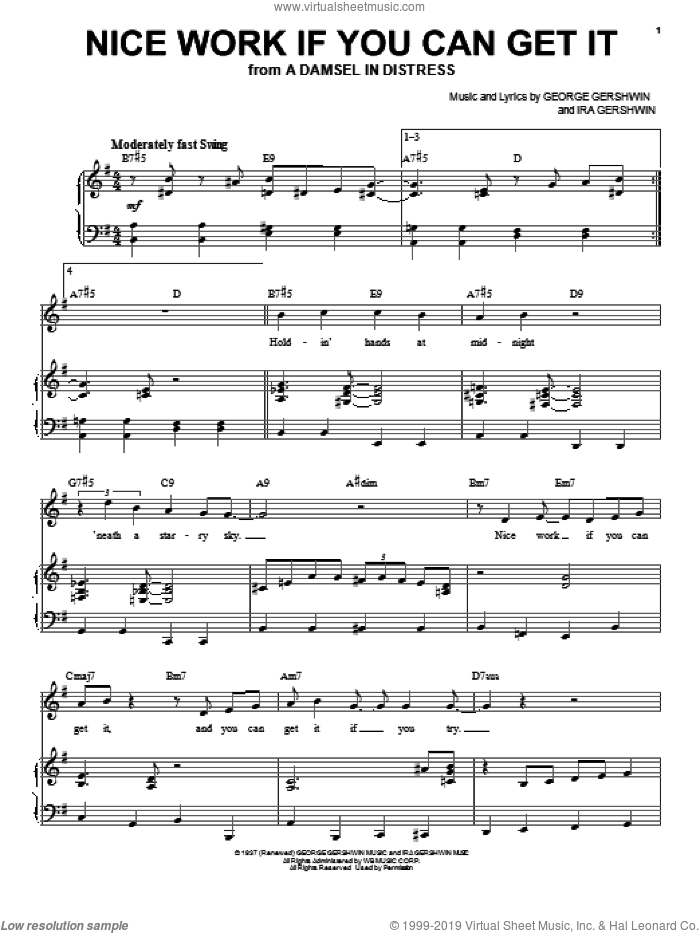 Nice Work If You Can Get It sheet music for voice and piano by Frank Sinatra, George Gershwin and Ira Gershwin, intermediate skill level