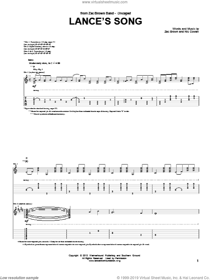 Lance's Song sheet music for guitar (tablature) by Zac Brown Band and Zac Brown, intermediate skill level
