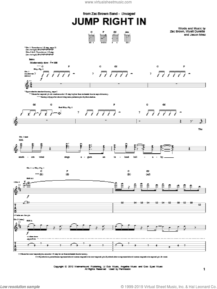 Jump Right In sheet music for guitar (tablature) by Zac Brown Band, Jason Mraz and Wyatt Durrett, intermediate skill level