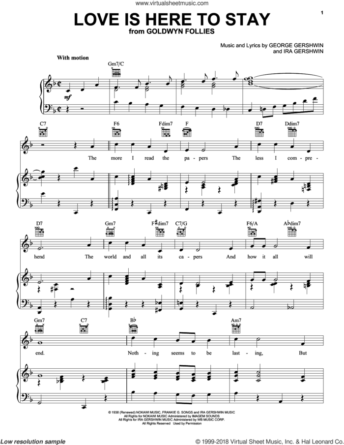 Love Is Here To Stay sheet music for voice, piano or guitar by Frank Sinatra, George Gershwin and Ira Gershwin, intermediate skill level