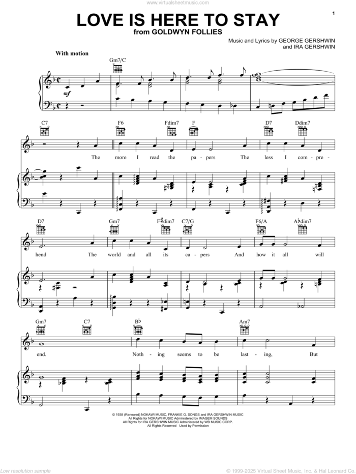 Love Is Here To Stay sheet music for voice, piano or guitar by Frank Sinatra, George Gershwin and Ira Gershwin, intermediate skill level