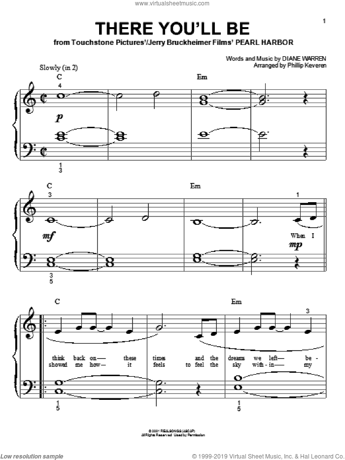 There You'll Be (arr. Phillip Keveren) sheet music for piano solo (big note book) by Phillip Keveren, Diane Warren and Faith Hill, easy piano (big note book)