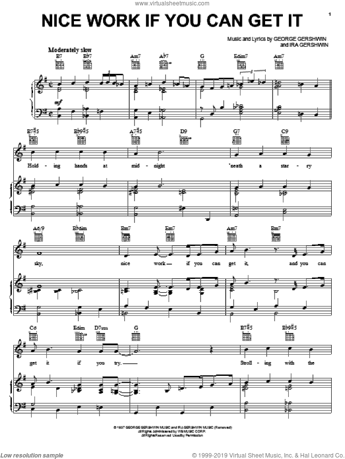 Nice Work If You Can Get It sheet music for voice, piano or guitar by Frank Sinatra, George Gershwin and Ira Gershwin, intermediate skill level