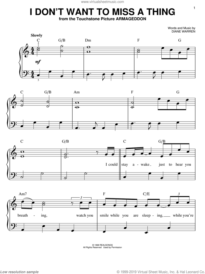 I Don't Want To Miss A Thing sheet music for piano solo by Aerosmith, David Cook and Diane Warren, easy skill level
