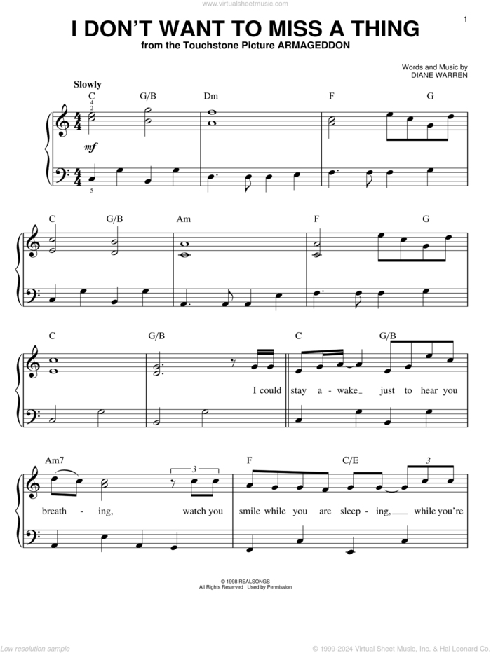 I Don't Want To Miss A Thing sheet music for piano solo by Aerosmith, David Cook and Diane Warren, easy skill level