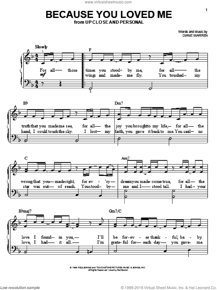 Because You Loved Me sheet music for piano solo by Diane Warren, wedding score, easy skill level