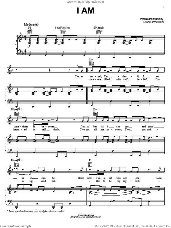 I Am sheet music for voice, piano or guitar by Hilary Duff and Diane Warren, intermediate skill level