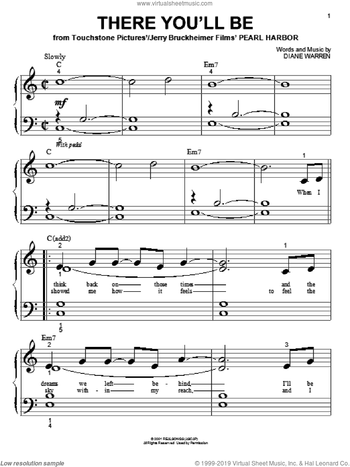 There You'll Be (arr. Phillip Keveren) sheet music for piano solo (big note book) by Faith Hill and Diane Warren, easy piano (big note book)