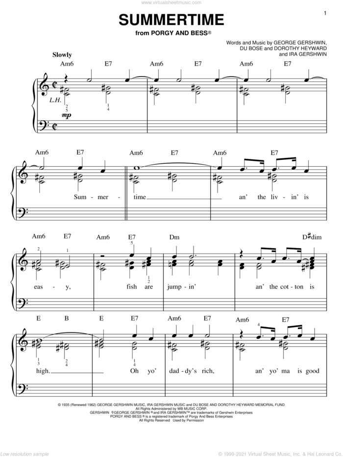 Summertime sheet music for piano solo by George Gershwin and Ira Gershwin, easy skill level