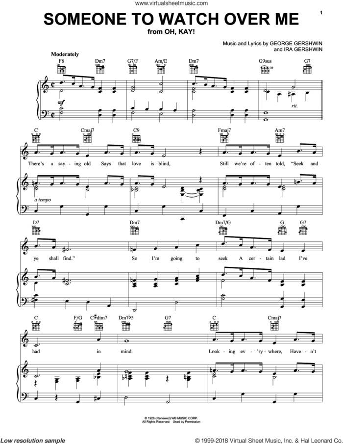 Someone To Watch Over Me sheet music for voice, piano or guitar by George Gershwin and Ira Gershwin, wedding score, intermediate skill level