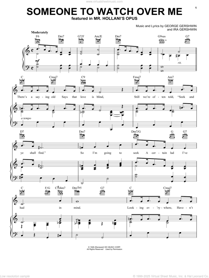 Someone To Watch Over Me sheet music for voice, piano or guitar by George Gershwin and Ira Gershwin, wedding score, intermediate skill level