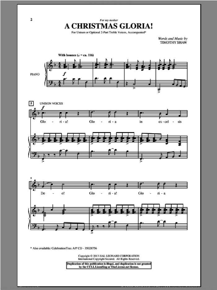 A Christmas Gloria! sheet music for choir (2-Part) by Timothy Shaw, intermediate duet