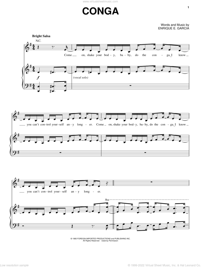Conga sheet music for voice, piano or guitar by Miami Sound Machine and Enrique Garcia, intermediate skill level
