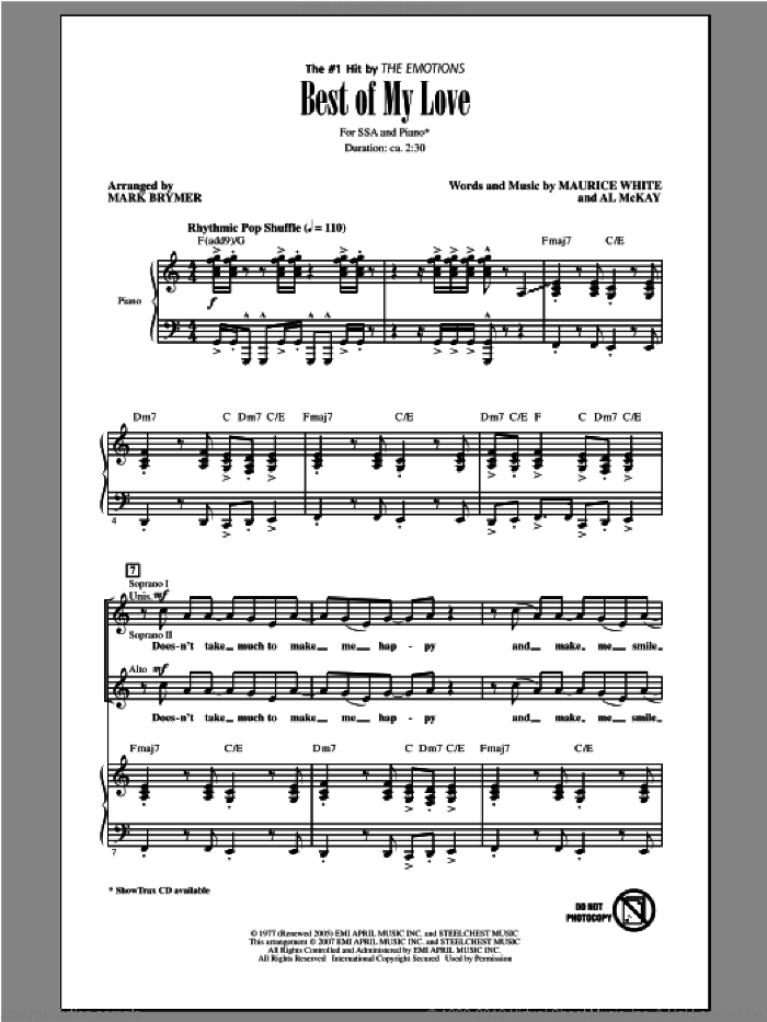 Best Of My Love sheet music for choir (SSA: soprano, alto) by Mark Brymer, intermediate skill level