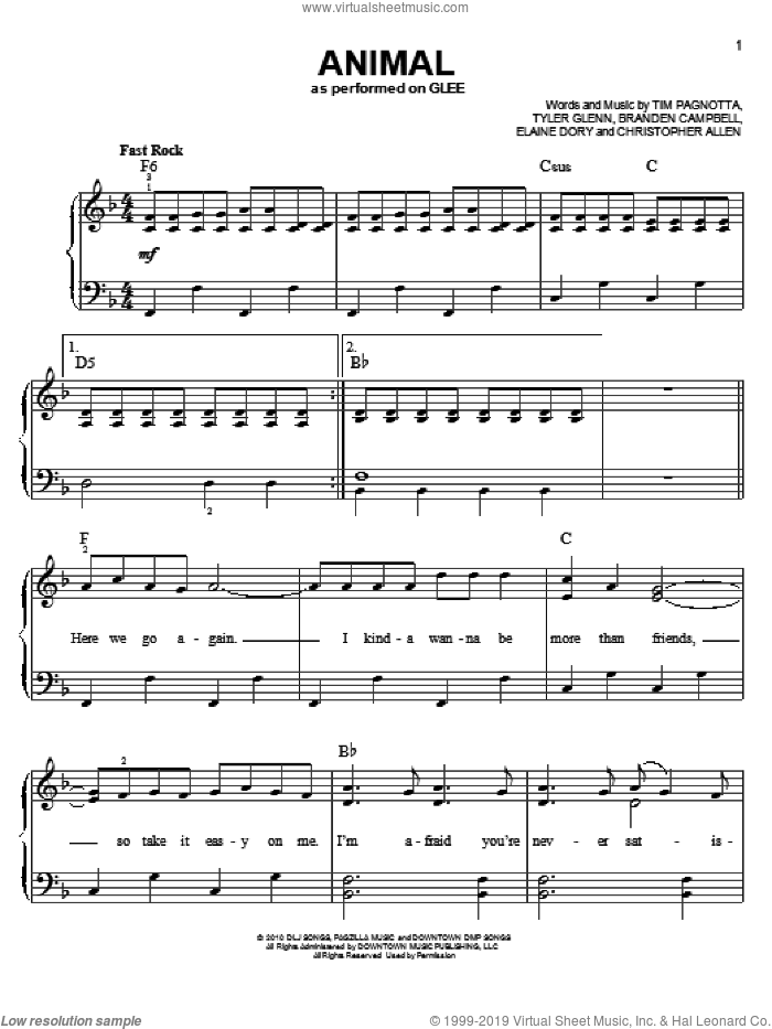 Animal sheet music for piano solo by Neon Trees and Glee Cast, easy skill level