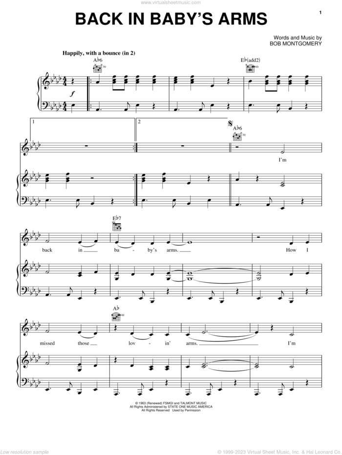 Back In Baby's Arms sheet music for voice, piano or guitar by Patsy Cline and Bob Montgomery, intermediate skill level