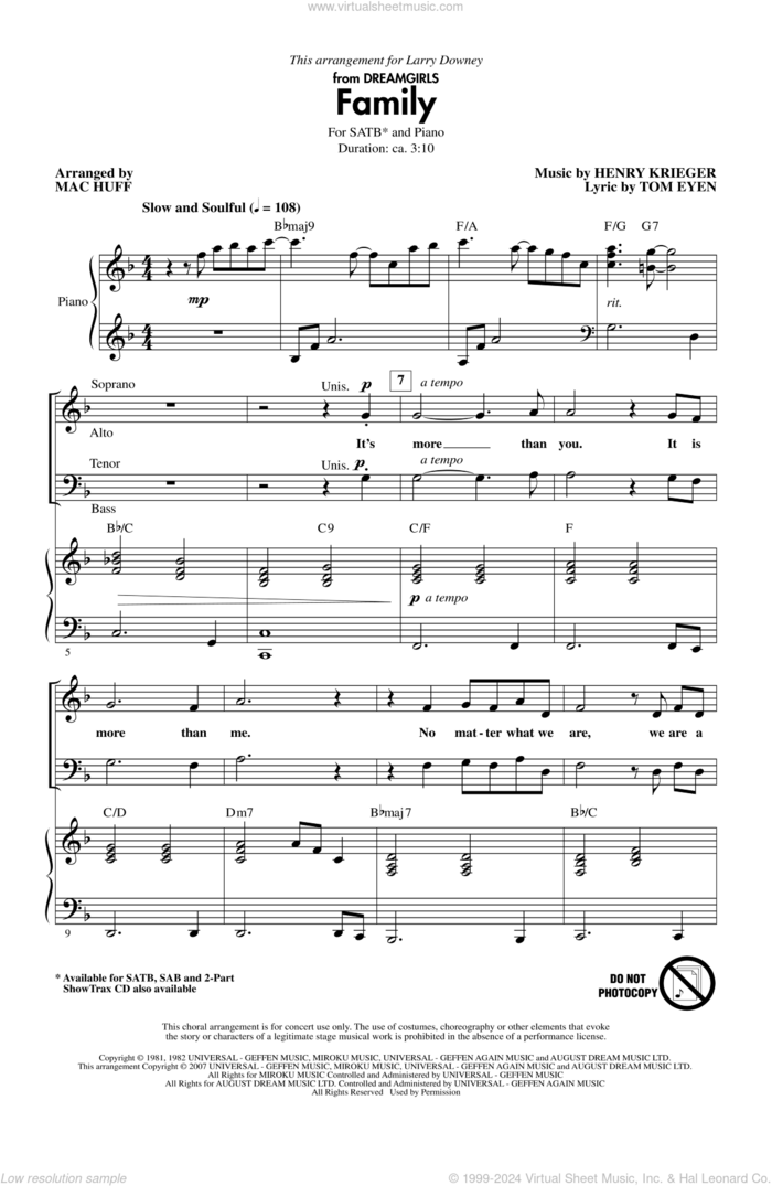 Family (from Dreamgirls) (arr. Mac Huff) sheet music for choir (SATB: soprano, alto, tenor, bass) by Henry Krieger, Mac Huff and Tom Eyen, intermediate skill level